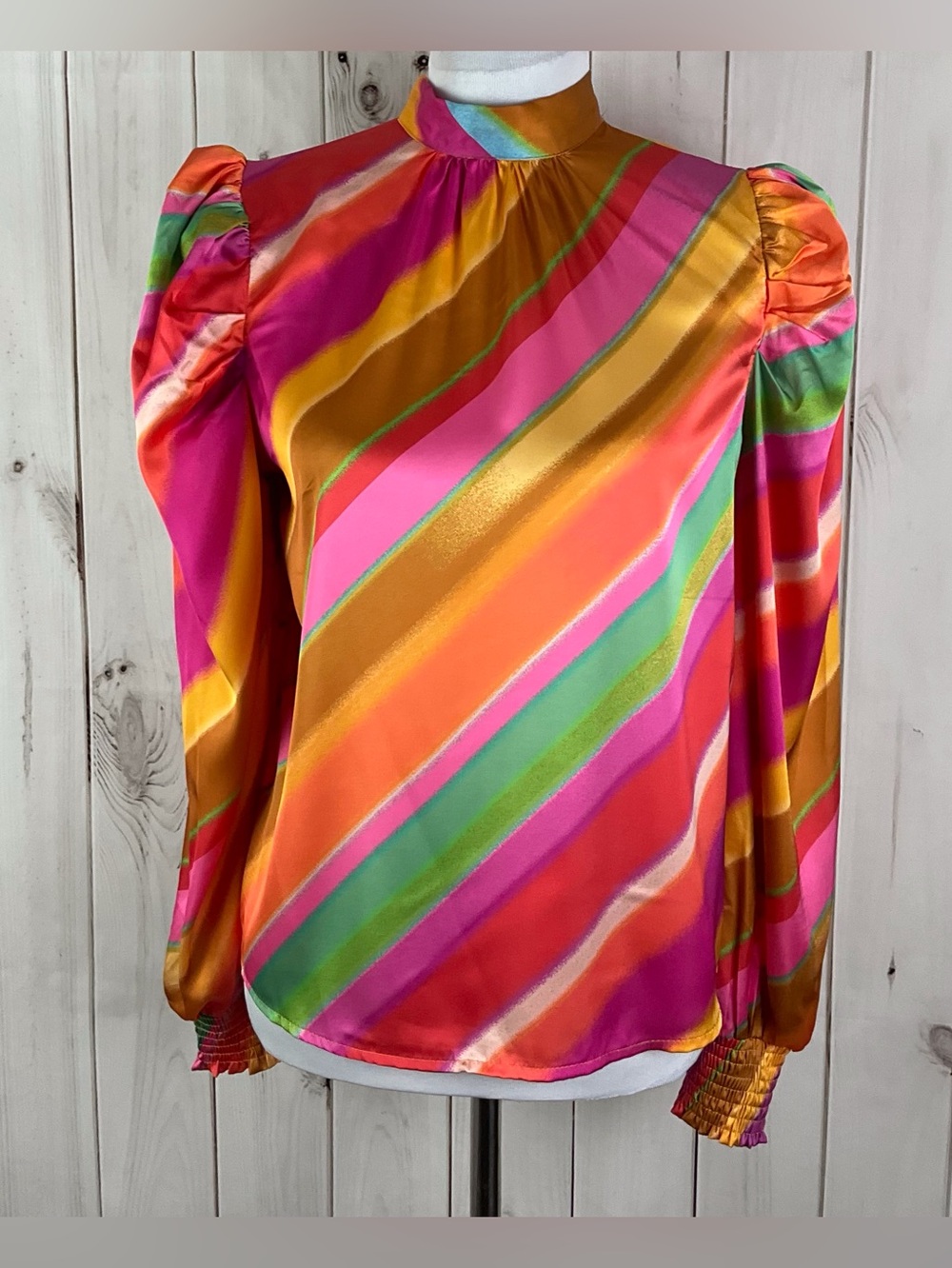 Flying Tomato Women’s Boho Retro Striped Tie Neck Satin Stretch Blouse Size S